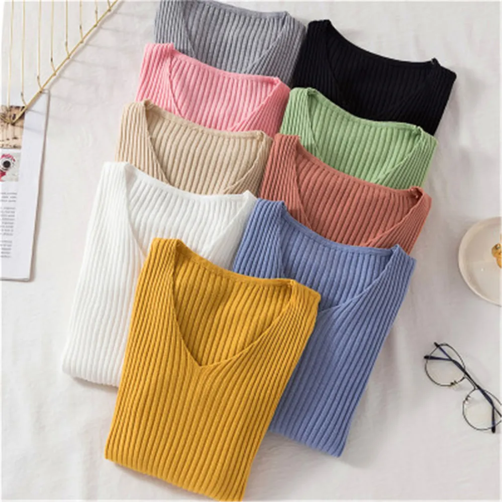 2021 базовый однотонный осенне-зимний свитер с V-образным вырезом пуловер Женский