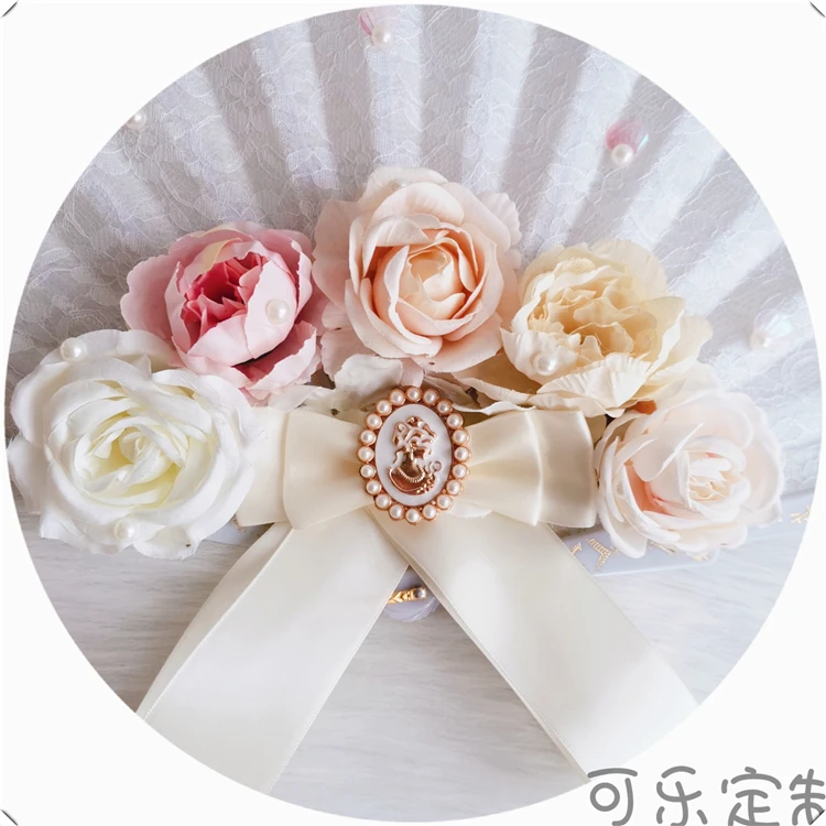 

Original Lolita Gorgeous Palace Folding Fan Sweet Wild European Style Lace Rose Flower Bowknot Fan Japanese Soft Sister Girls