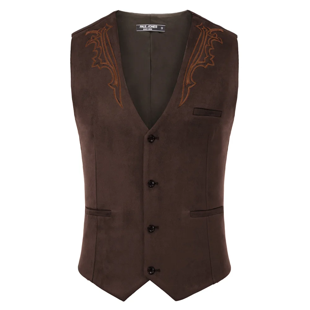 

PJ Men's Embroidery Decorated Vest Waistcoat Sleeveless V-Neck Handkerchief Hem Double-breasted Vest With Fixed Belt Decoration