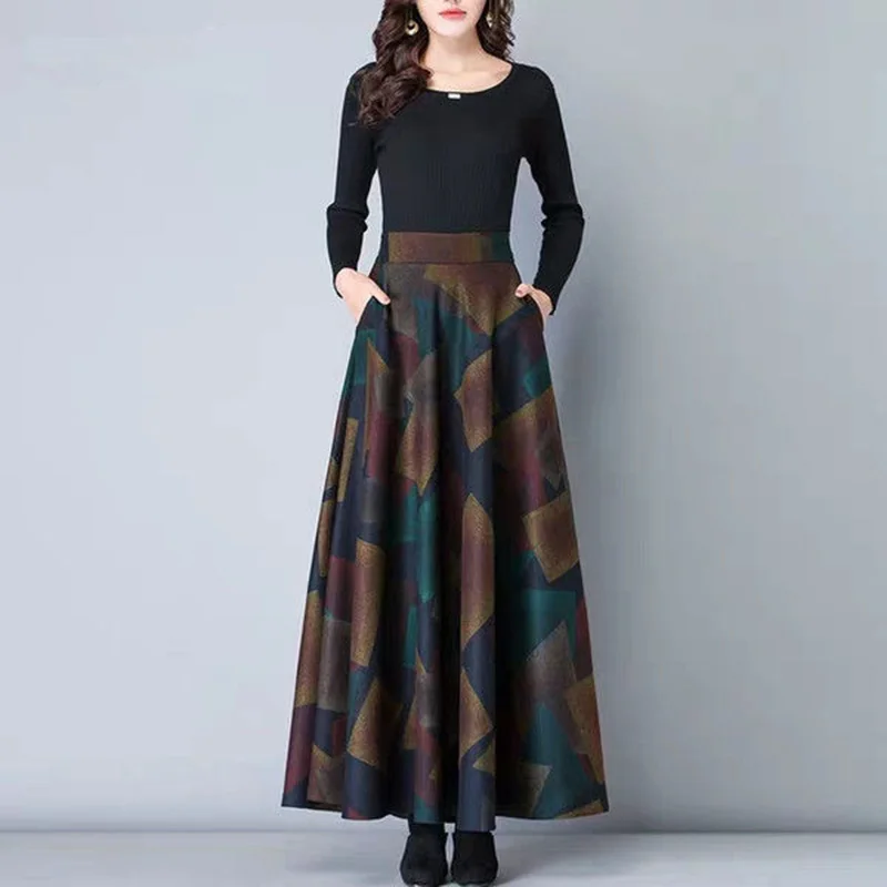 

Women's Autumn Winter Retro Printed High Waist Loose Skirt Large Swing Pleated Long Casual High Waist Skirts