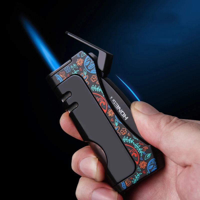 

HONEST Creative Straight Turbo Lighter Butane Metal Gas Lighter Foldable Cigar Cutter Cigar Smoking Accessories Man Gadget