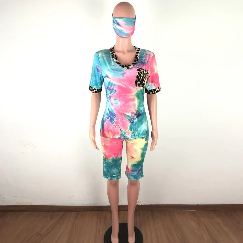 

Rainbow Tie-Dye Leopard Spliced 2 Piece Set Women's Costumes V Neck Short Sleeve T-Shirt And Biker Short With Mask Club Outfits