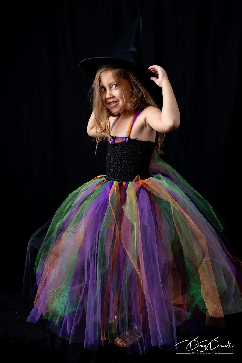 Костюм ведьмы для девочек черный фиолетовый костюм на Хэллоуин Малефисента