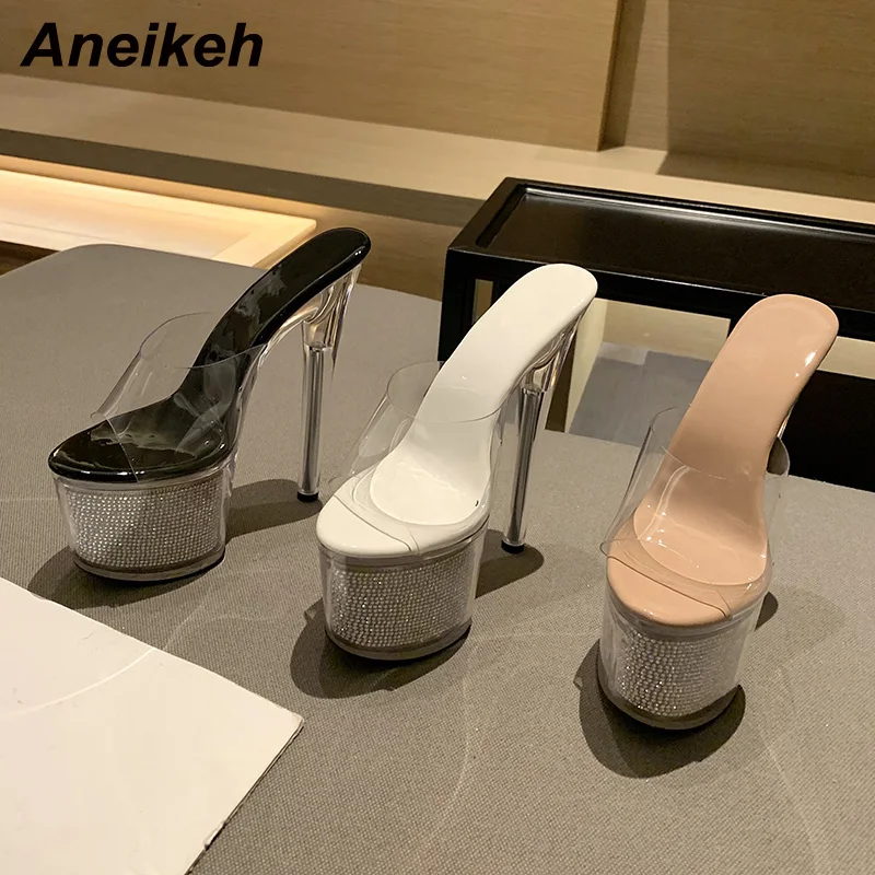 

Aneikeh Summer Fashion PVC Modern Slippers Shoes For Women's 2022 Peep Toe Thin Heels Shallow Sexy Bling Solid Party Rome Adult