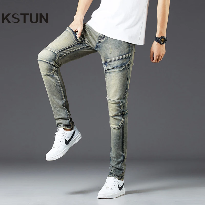 

Moto Jeans Men Skinny Slim Fit Stretch Retro Blue Hide Pockets Luxury Brand Men Jeans Pants Streetwear Patchwork Men's Trousers