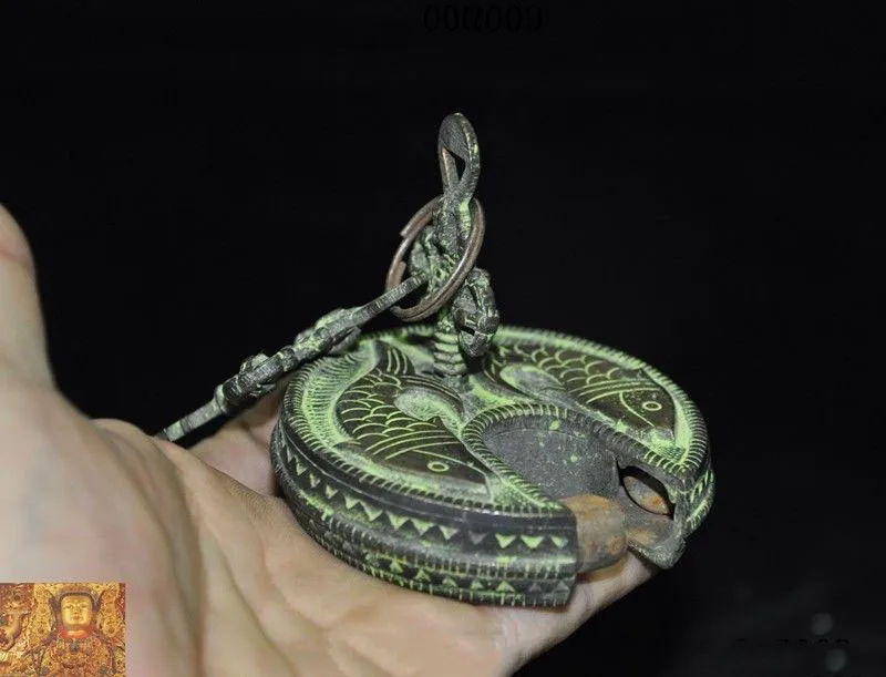 

wedding decoration Tibetan Buddhism Bronze double fish statue Temple gate PADLOCK & KEY Lever Lock
