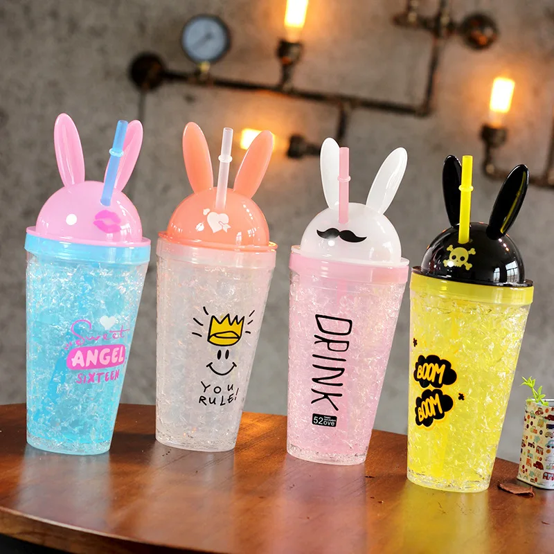 

Rabbit Ear Plastic Ice Water Bottle Large Capacity Double Colorfully Student Pink Yellow Green Summer Straw Ice Cream Cup