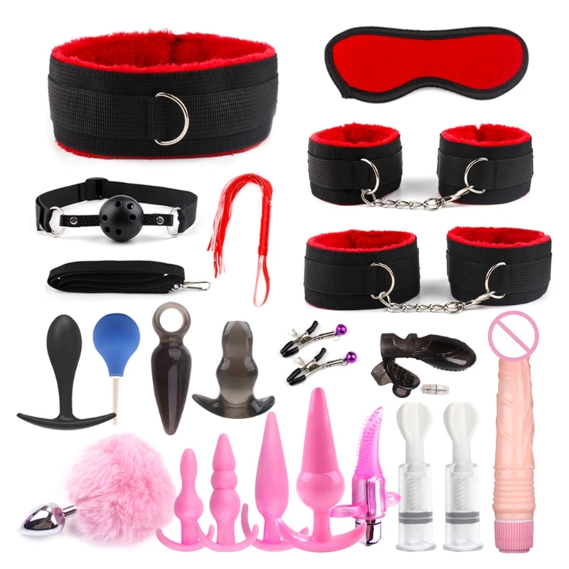 

21pcs BDSM Restraint Fetish Collar Handcuff Bondage Whip Vibrator Nipple Clips Sucker Butt Plug Mouth Gag Kit Adult Sex for 85WE