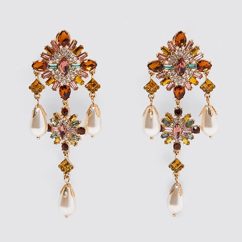 Женские серьги подвески ZA разноцветные висячие с кристаллами свадебные