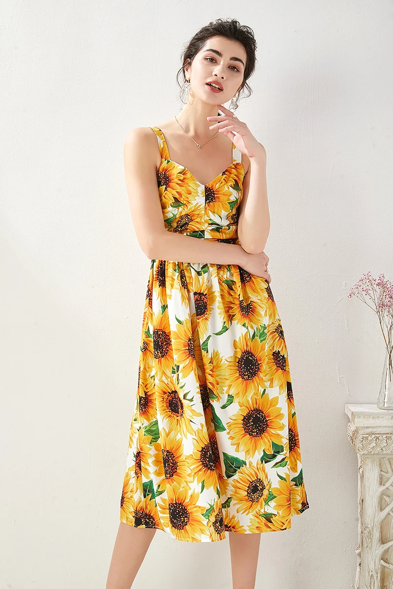 

Merchall Fashion Designer Runway Dress Summer Women Spaghetti strap Backless Sunflower Floral Print Beach Vacation Dress