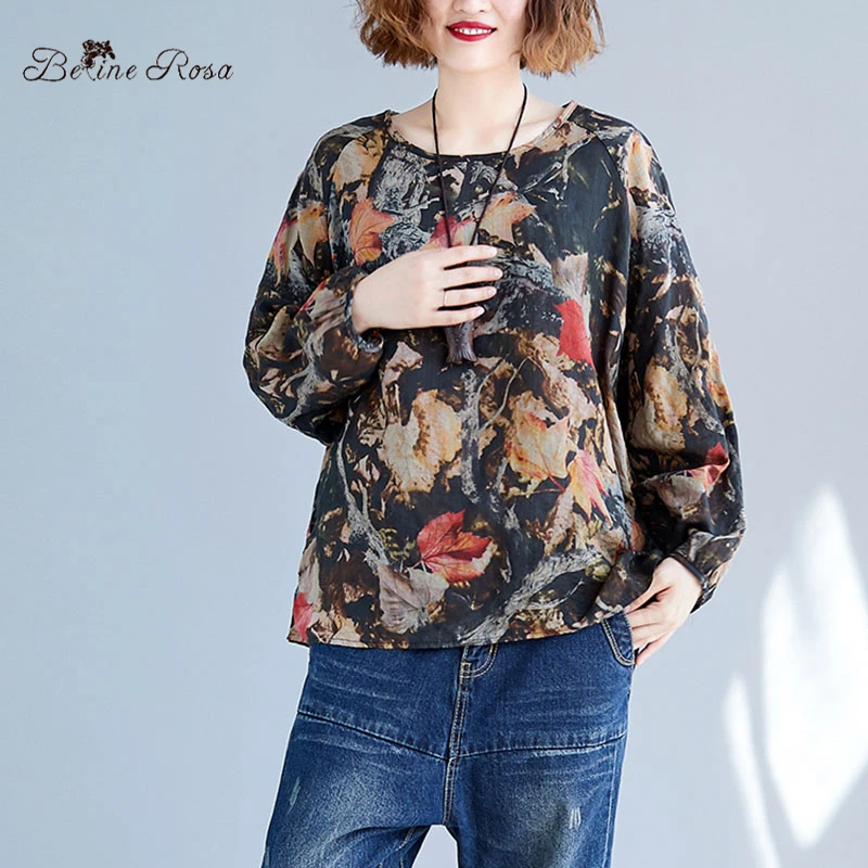 BelineRosa Ретро Винтаж Печать Футболка женская Повседневная Свободная с длинным