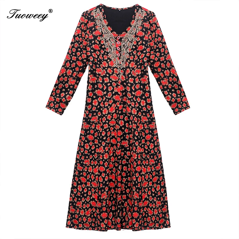 

Elegant red Dress Female V Neck Elastic Waist long Sleeve patchwork Embroidery Hollow out Party Dresses Women 2020 New Fashion