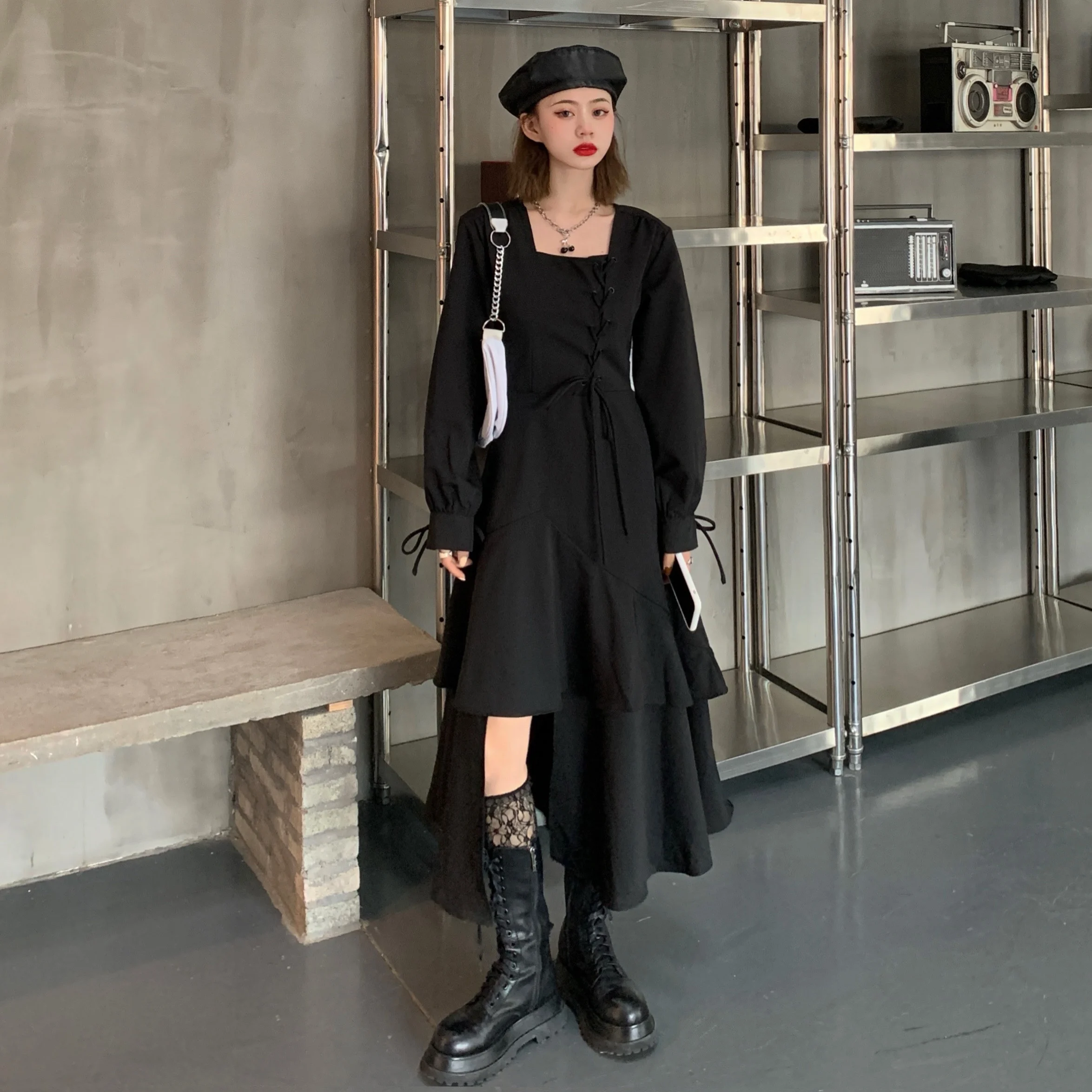 

South Korea Chic Retro Goth Girl French Square-Neck Cinched Slimming Irregular Design Cake Dress