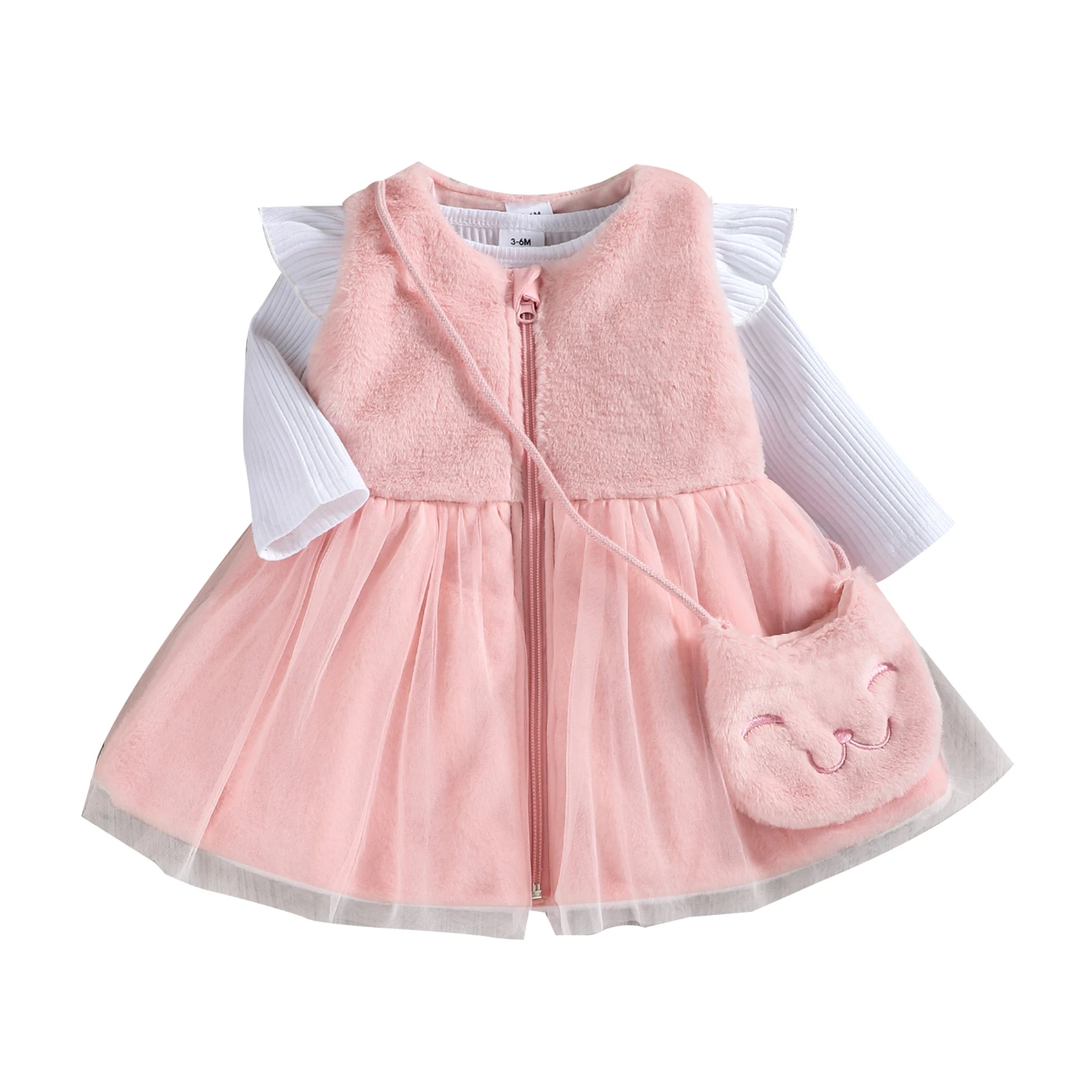 

Autumn Kids Baby Girls Clothing Casual Set Solid Color Round Neck Long Sleeve Bodysuit Sleeveless Dress Cute Bag 0-18 Months