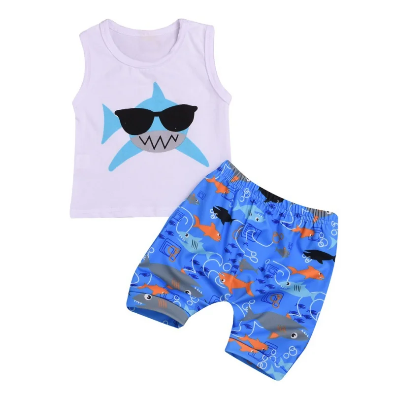 

New Summer Baby Casual Short Sleeve Cartoon Aniaml Print T-shirt Tops+Stripe Shorts Outfits Set