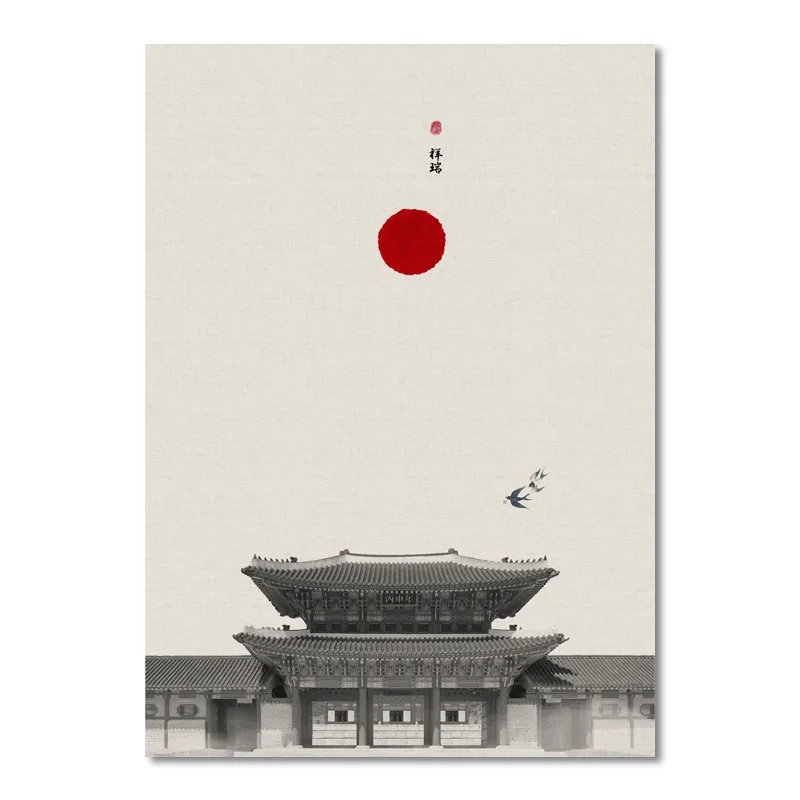 Китайская классическая архитектура Лотос красное солнце настенная Картина на