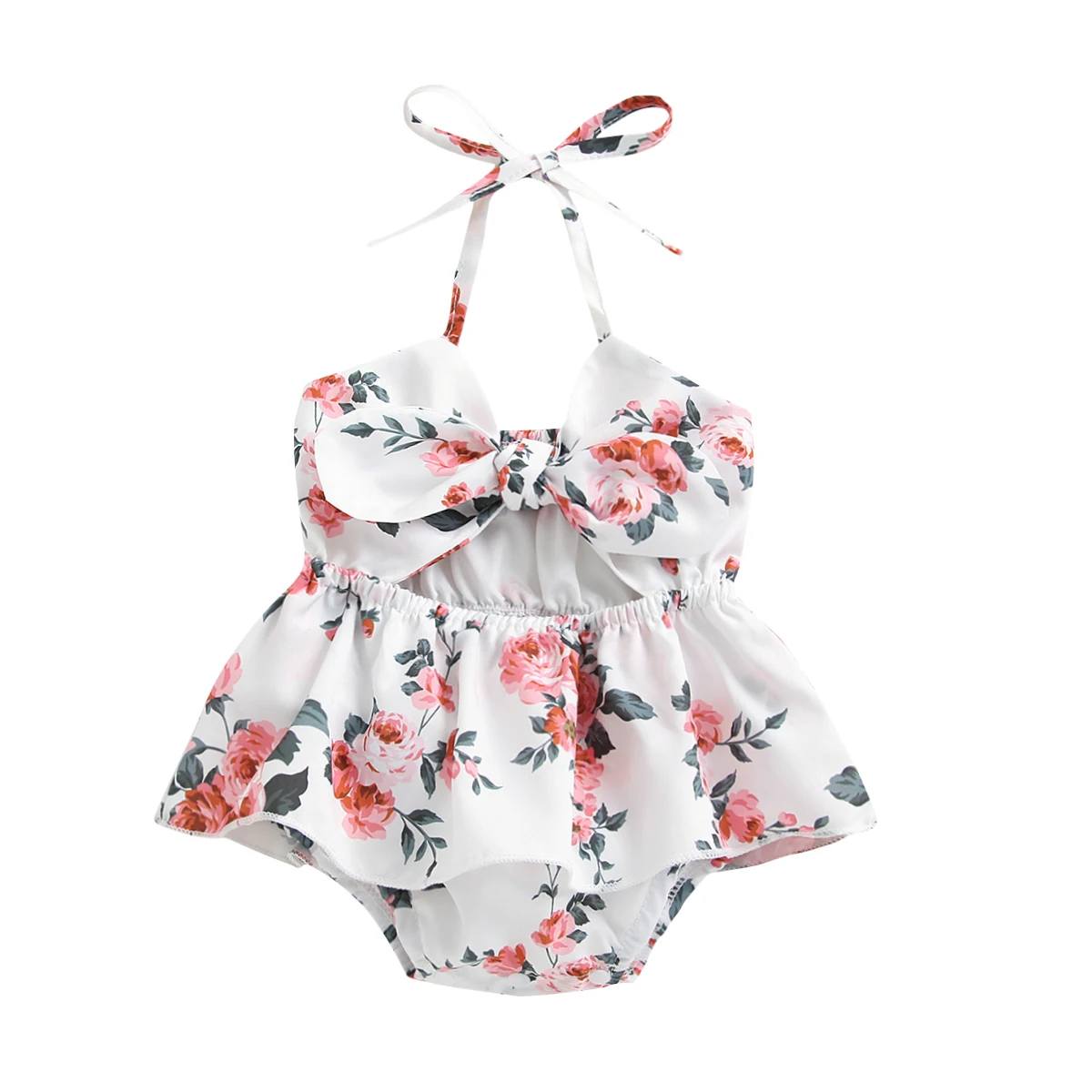 

0-24M Baby Floral Print Short Romper Girls Sleeveless Hollow Out Sling Jumpsuit with Bow-knot for Summer