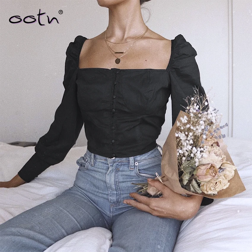 Черные повседневные короткие топы с длинными рукавами пышными плиссированная