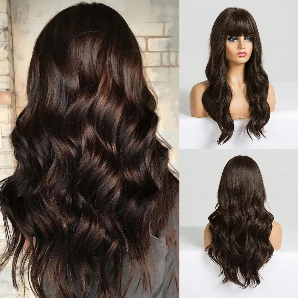 

EASIHAIR Long Wavy Brown Synthetic Wigs with Bangs Natural Hair Wigs for Women Afro Wave Daily Wigs Heat Resistant