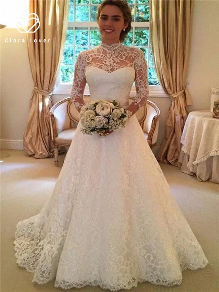 

New a-line wedding dress lace long sleeve perspective wedding dress long skirt vestido de noiva floor length gowns bride