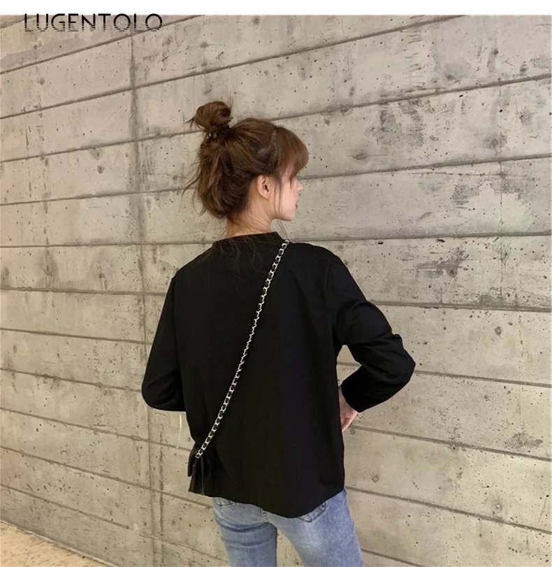 

Women T-shirt Spring Autumn Korean Fashion Long-Sleeved Tshirt Irregular Tops Feamle Bottoming T-Shirts Lugentolo
