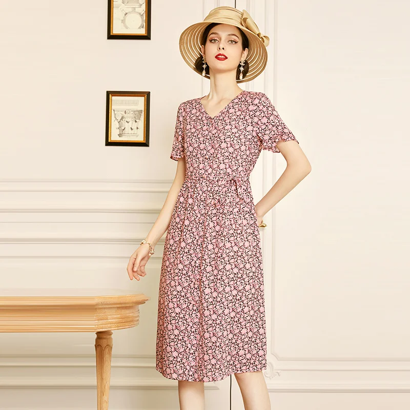 

Женское шифоновое платье с принтом SHZQ, розовое платье с V-образным вырезом и коротким рукавом, длинная юбка средней длины, лето 2021