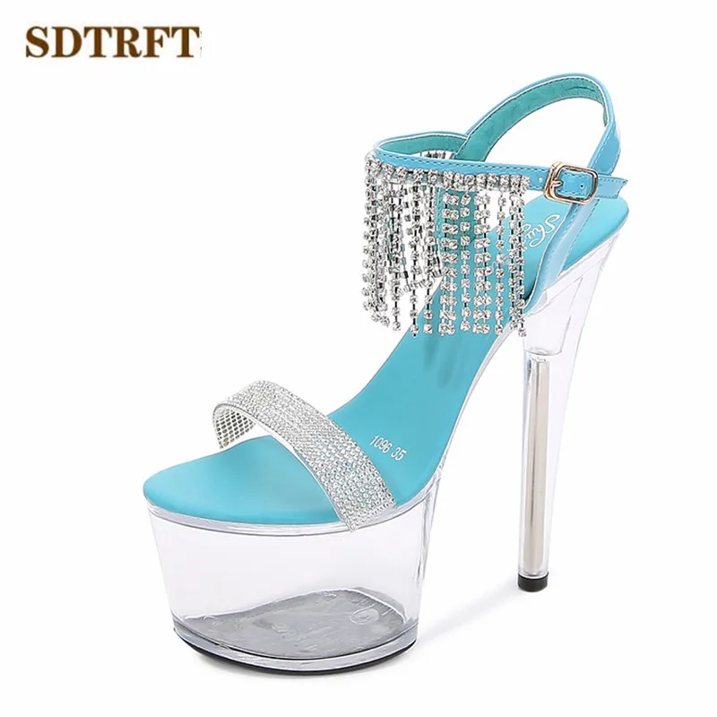 SDTRFT прозрачные туфли на шпильке zapatos mujer 13 15 17 см туфли на выход на платформе с тонким каблуком со стразами кисточки сандалии SM туфли женские свадебные туфли на каблуках
