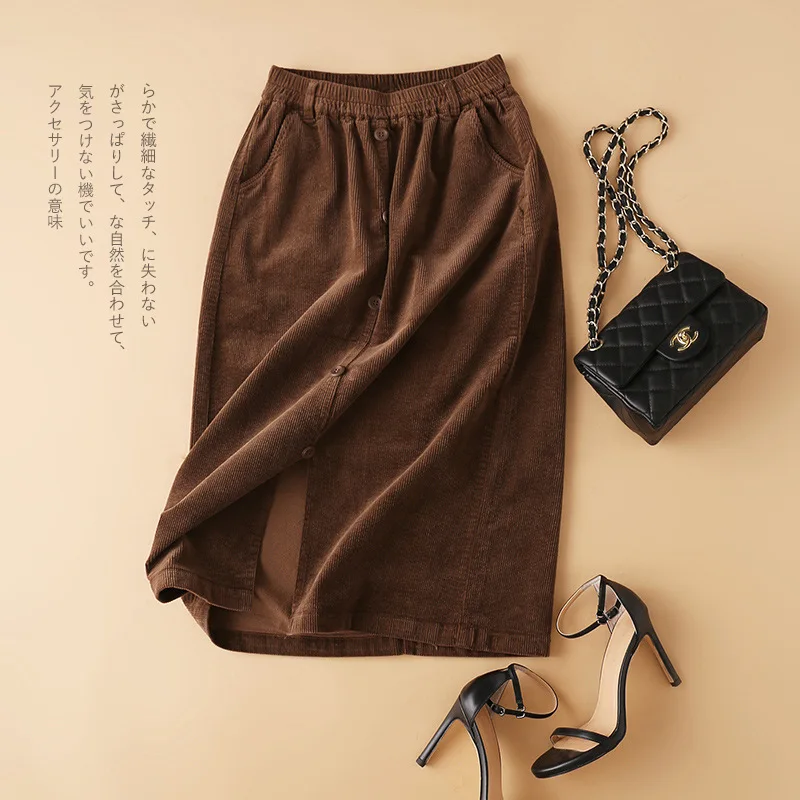 

Pencil Corduroy 100% Skirt Cotton Mid-Calf Button Empire Casual Korean Style High Fashion Long Skirts for Women