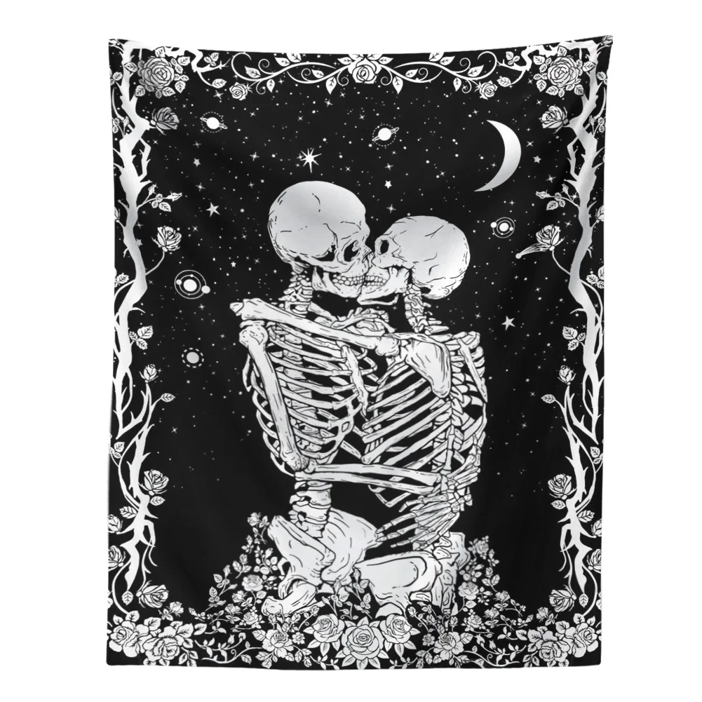 Kiss Skull Tapestry Wedding Moon Skeleton Starry sky Black and White Stars for Room | Дом и сад