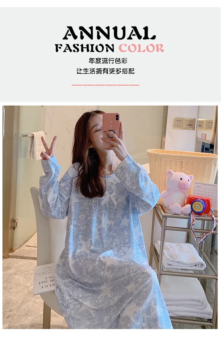 Spring Autumn Casual Plaid Cotton Nightgowns for Women Long Sleeve Loose Night Dress Home Dress Sleepwear Nightdress Nighty