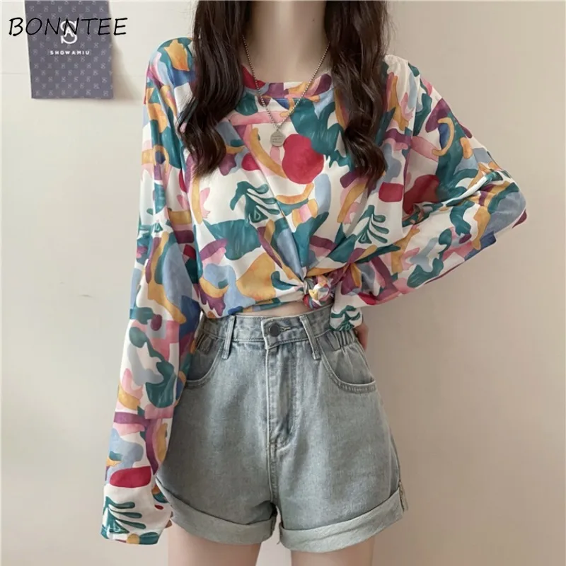 

Футболка женская с длинным рукавом и принтом, свободная тонкая универсальная Повседневная майка с защитой от солнца, из мягкого дышащего ма...