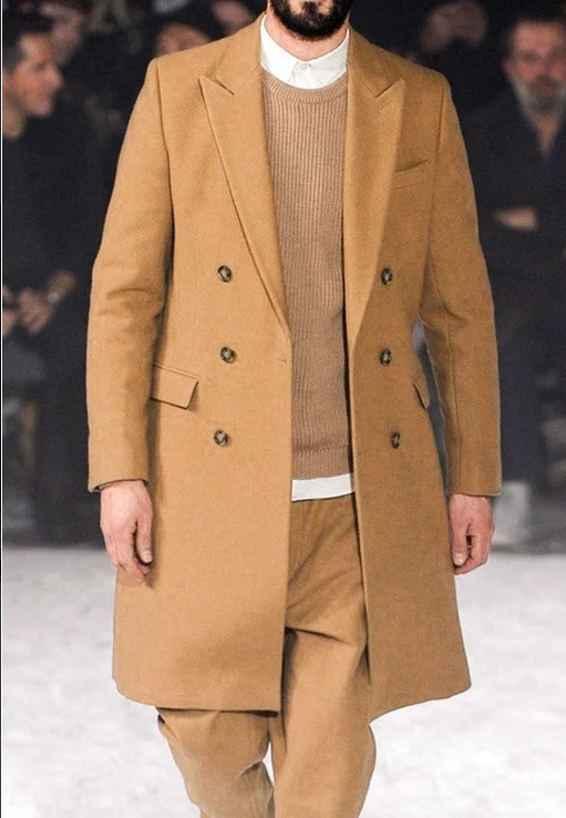 Мужское шерстяное пальто облегающий двубортный Тренч средней длины в