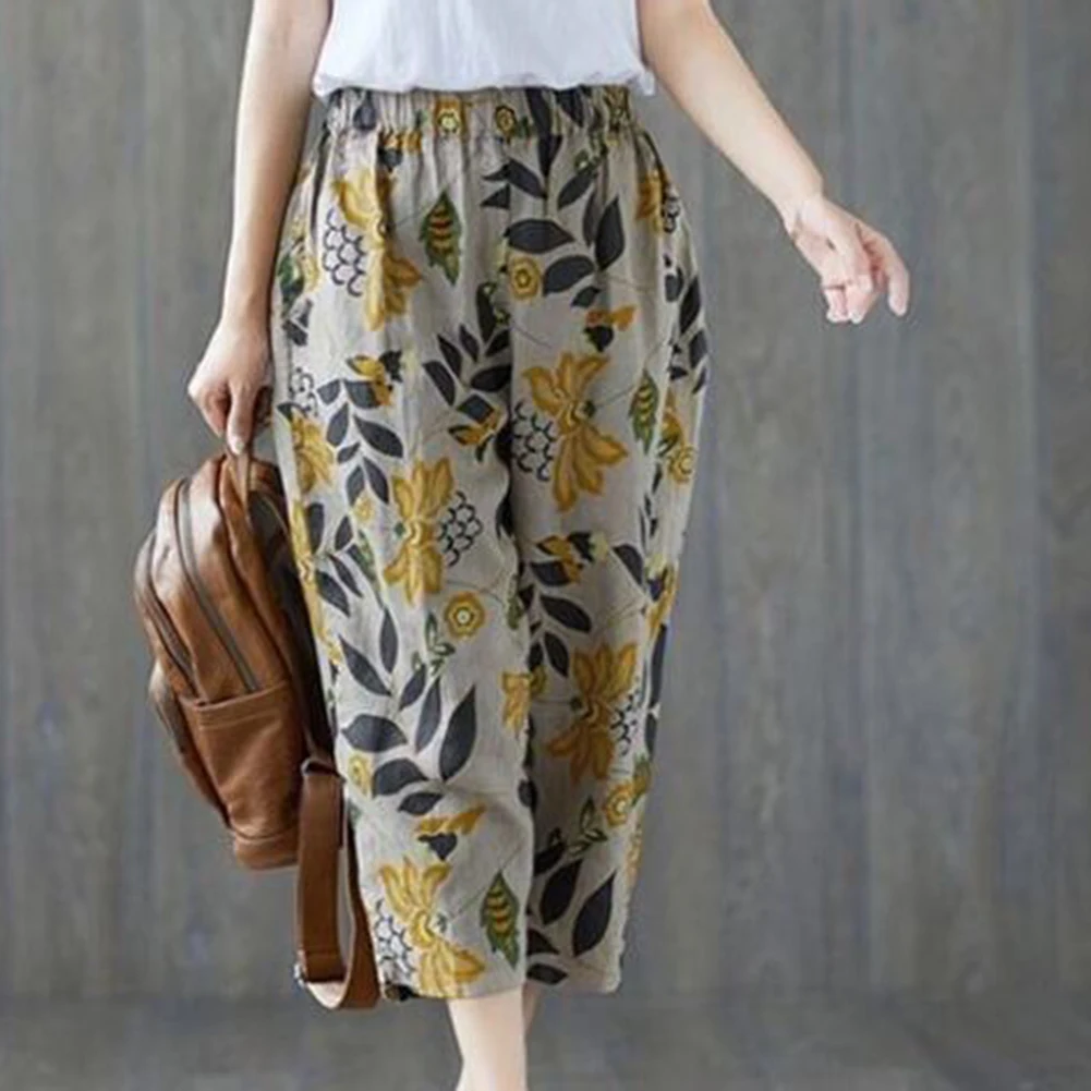 Женские штаны-шаровары с высокой талией и эластичным поясом принтом большого