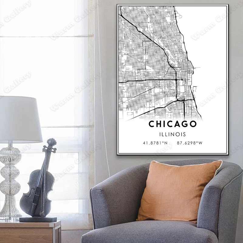 Black and White City Map The Chicago Poster HD Print Wall Art Canvas Nordic Landspace Painting for Home Decor | Дом и сад