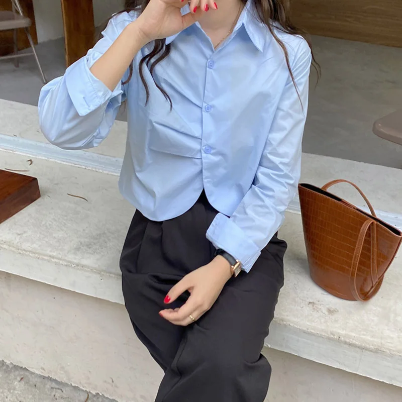 

Дизайн воротника поло, плиссированная короткая рубашка, Женская Ранняя весна 2022, новый свободный и простой стиль, однотонный, модный, Джокер...