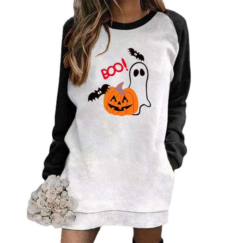 

Свитшот с принтом призрака тыквы, повседневные Модные свободные пуловеры с длинным рукавом, круглым вырезом и карманами в стиле пэчворк, зи...