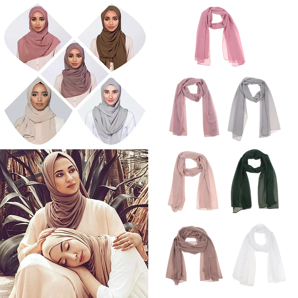 

Fashion Elegant Women Lady Solid Bubble Chiffon Scarf Stretch Muslim Hijabs Head Scarf Shawls Turban Hat Headscarf