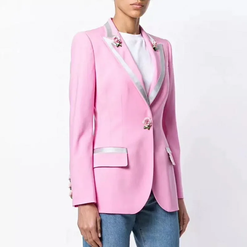 High Quality 2021 Coat Women New Fashion Runway Blazer Feminino Long Sleeve Rose Flower Appliques Patchwork Print Pink Outerwear