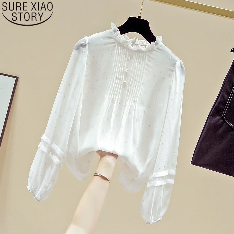 

2021 Autumn White Chiffon Shirt Women Long Sleeve Blouse Women Pleated Tops Ruffled Collar Korean Fashion Clothing Blusas 11228