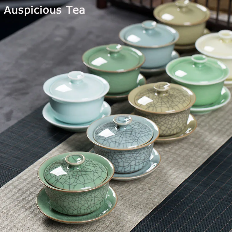 

135ml Chinese Longquan Celadon Kung Fu Tea Set Manual Sancai Cover Bowl Ceramic Ge Kiln Ice Crack Hand Grab Tea Bowl Drinkware