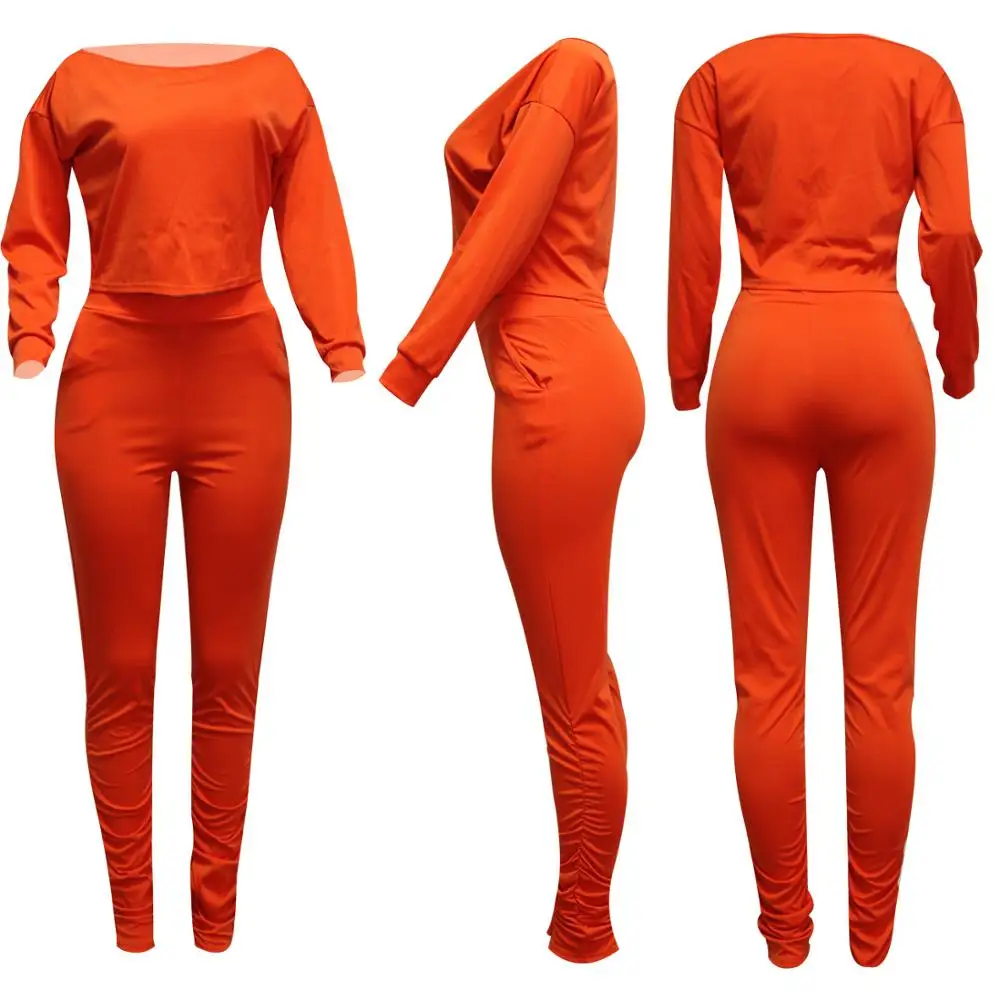 

Fall 2020 new fashion solid color sports two piece set loose o-neck long sleeve T-shirt and trousers women's suit