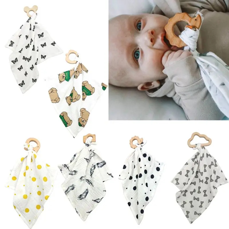 

Baby Bibs Cotton With Wooden Teether Rodent Animals Newborn Soft Triangle Towel