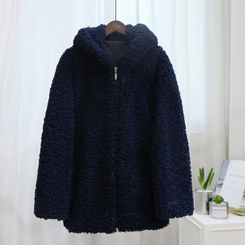 navy faux fur coat Куртка из искусственного меха с капюшоном большого размера, Женская пушистая лохматая Шуба на молнии из искусственного меха, женская зимняя коллекция, утолщенная теплая куртка, меховое пальто - Цвет: navy faux fur coat