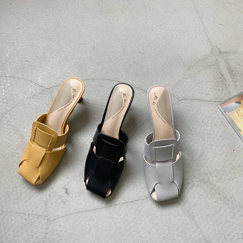 

Square Toe Women Slippers Thin High Heels Slip On Mules Shoes Black/Gray/Yellow Elegant Summer Sandals Slides Fashion Dress Shoe