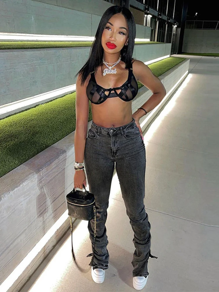

Welcome Pantalon Negro Demin High Waist Stacked Women Denim Pants 2021
