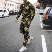 new autumn winter mens round neck sweater trousers 3d two piece hawaii tropical plant leaf theme daily jogging casual style
