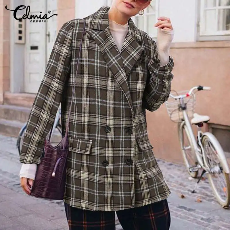 

Celmia 2021 Women Vintage Blazer Autumn Winter Long Sleeve Turn Down Collar Elegant Jackets Plaid Print Streetwear Thin Coats