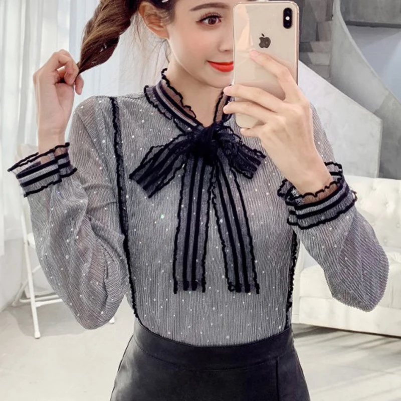 2019 Осень Новые с бантиком шеи lacelong рукавом модные топы Женская одежда Коричневые