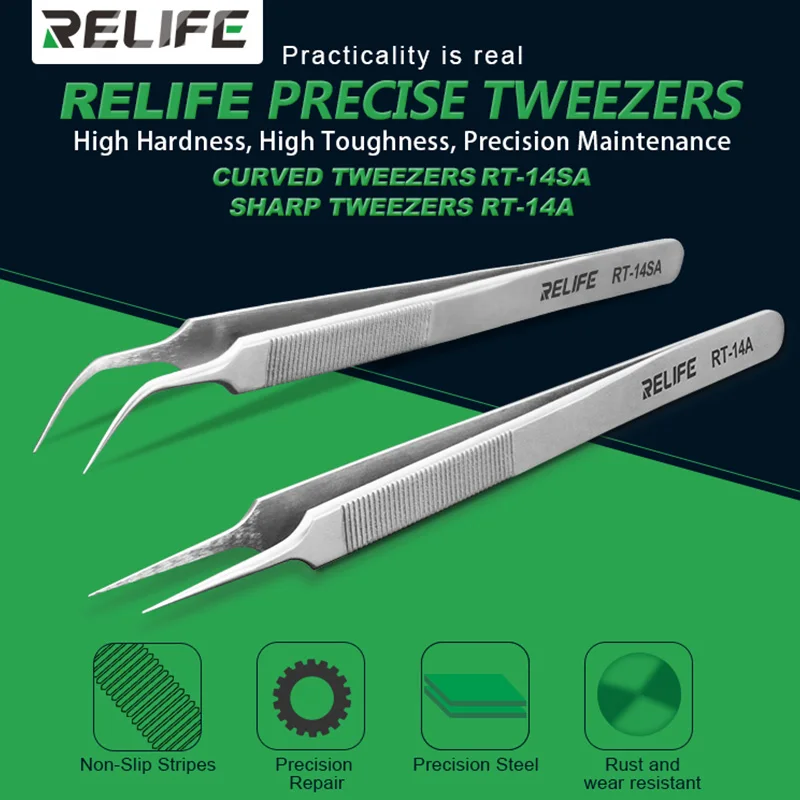 

Relife RT-14A/SA SmartPhone Repair Tweezers Anti-static Anti-Slip Clips High Toughness Curved Straight Fine Tips Repair Forceps