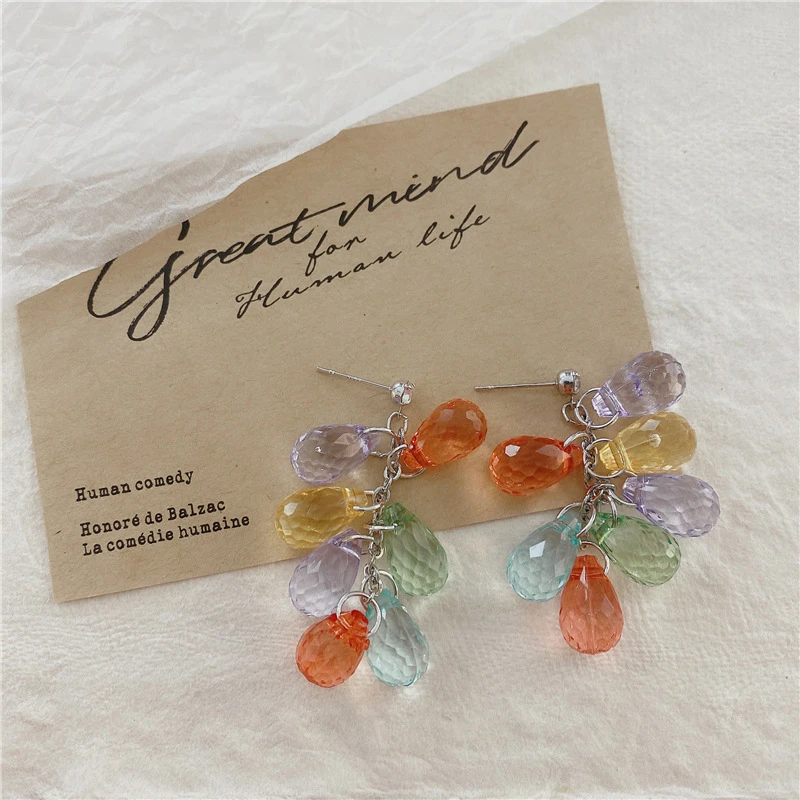 

Retro Color Grape String Earrings Transparent Bead Earrings Long Tassel Drop earring for woman jewelry aesthetic accessorie